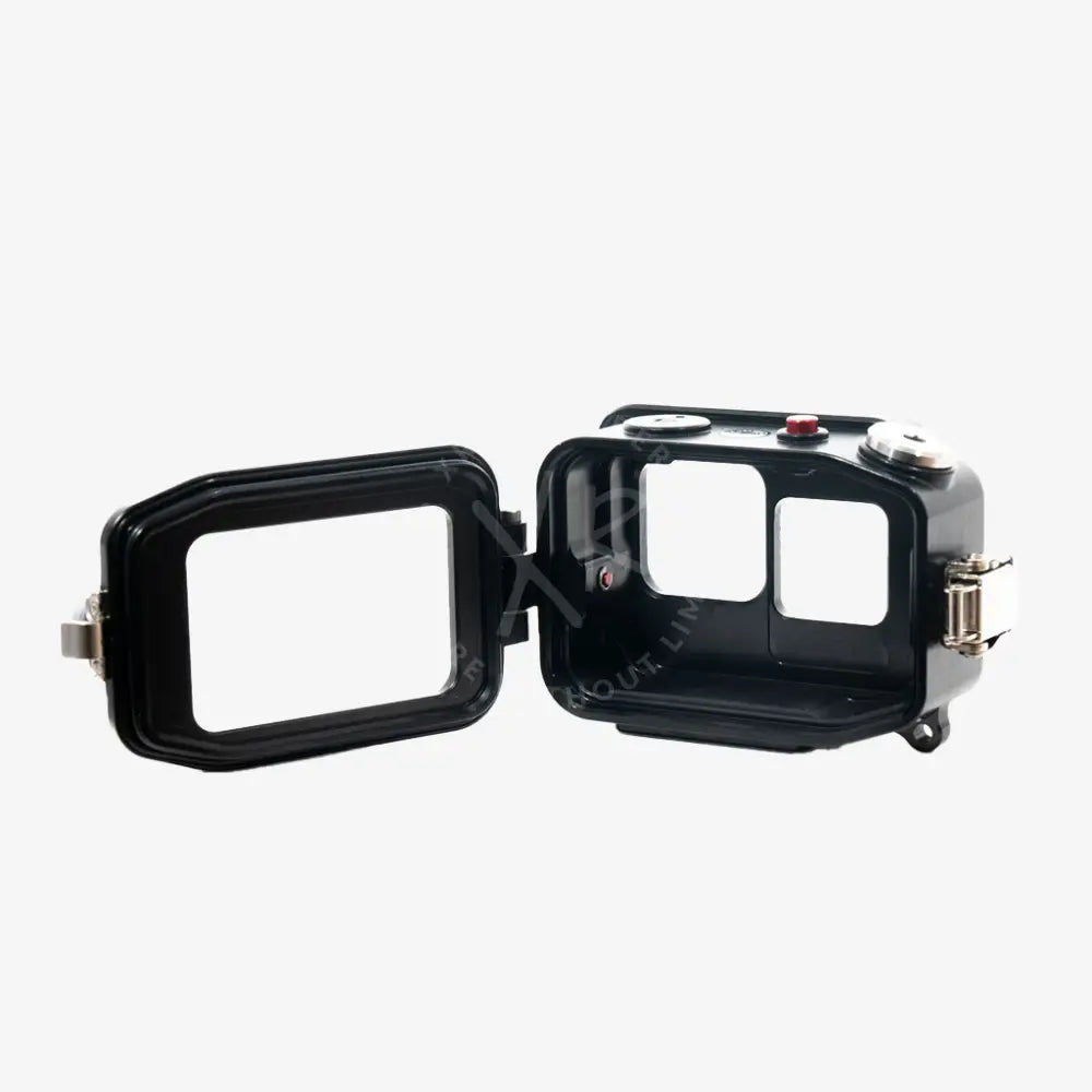 Black waterproof go pro housing with hinged lid and precise cutouts for lens buttons and ports