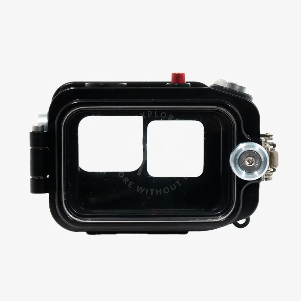 Black waterproof GoPro housing with two rectangular lens openings and a red button on top for underwater use