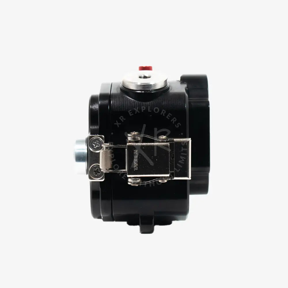 Black industrial goPro housing pump with silver latch and red button on top for durable camera protection