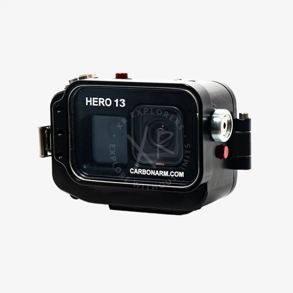 Black waterproof GoPro housing for Hero 13 with sleek carbon fiber design silver accents and red buttons