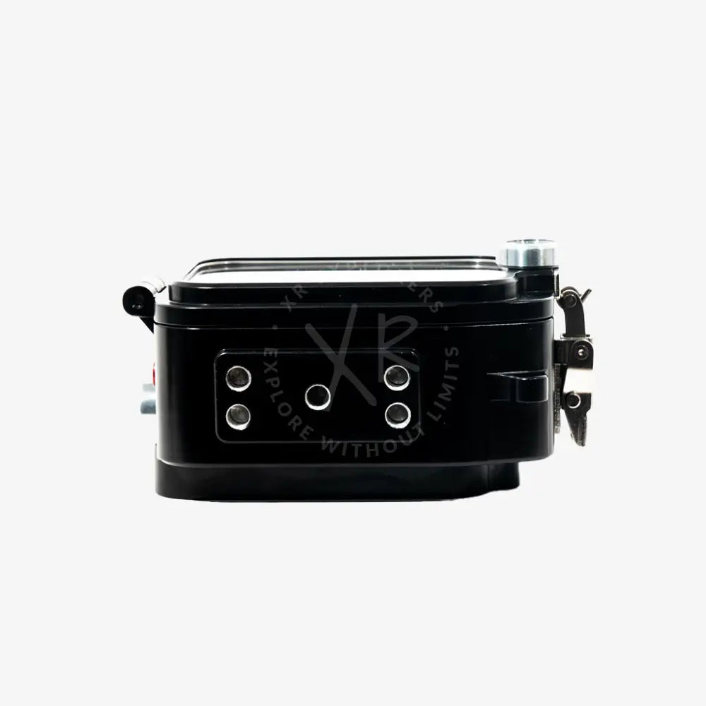 Black rectangular waterproof GoPro housing with silver accents and circular ports for camera protection