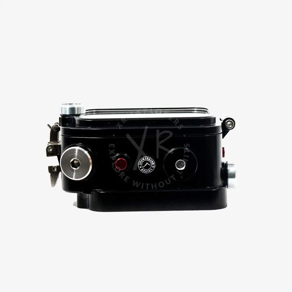 Black waterproof GoPro housing with silver accents and a circular logo on the front for underwater protection