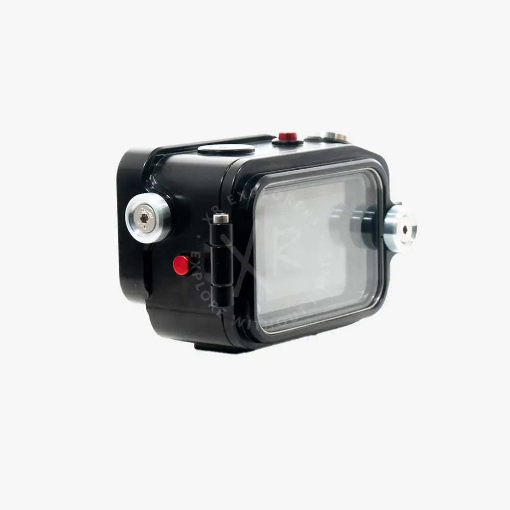 Black GoPro waterproof camera housing with clear front panel and silver metal mounting rings for underwater use