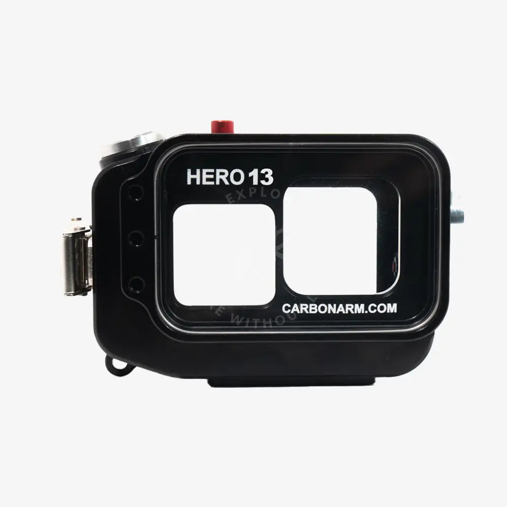 Black waterproof carbonarm.com housing for hero 13 camera with two rectangular cutouts for protection and use