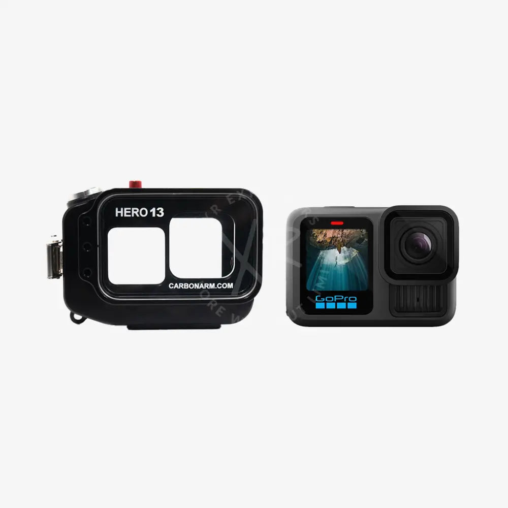 Black gopro hero 13 action camera in waterproof housing with underwater display screen for aquatic use