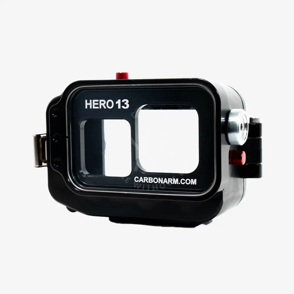 Black waterproof housing for hero 13 camera with clear windows and red buttons for gopro housing use