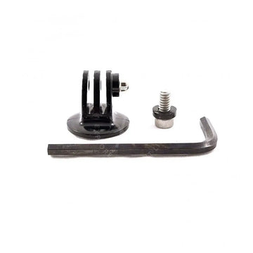 Black plastic gopro tripod adapter with silver screw and black hex key for secure camera mounting