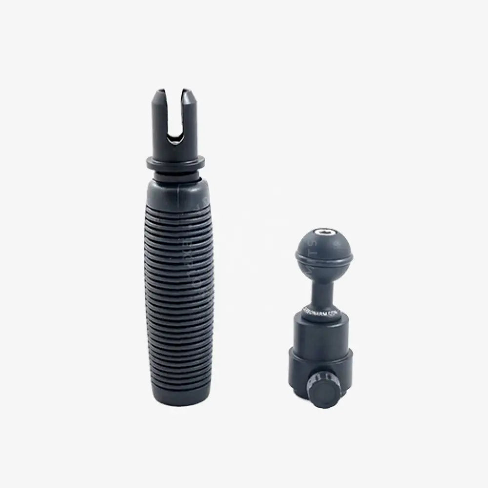 Black rubber and metal grip with ball quick release camera mount adapter set showing the back side