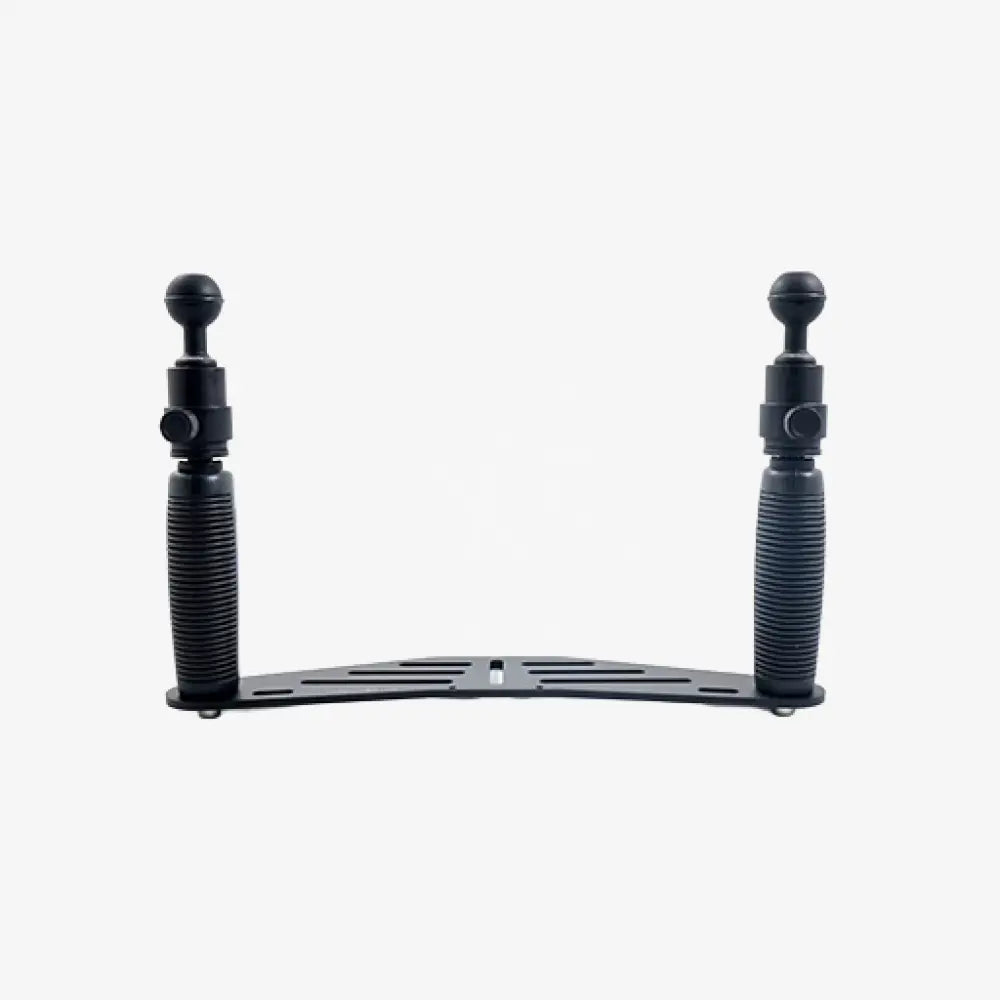 Black metal grip with ball quick release featuring adjustable ball joints and textured grip sections for camera mounting