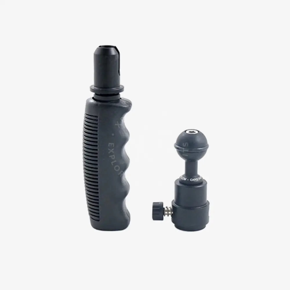 Black rubberized grip handle with textured ridges and matching ball mount adapter for quick release use