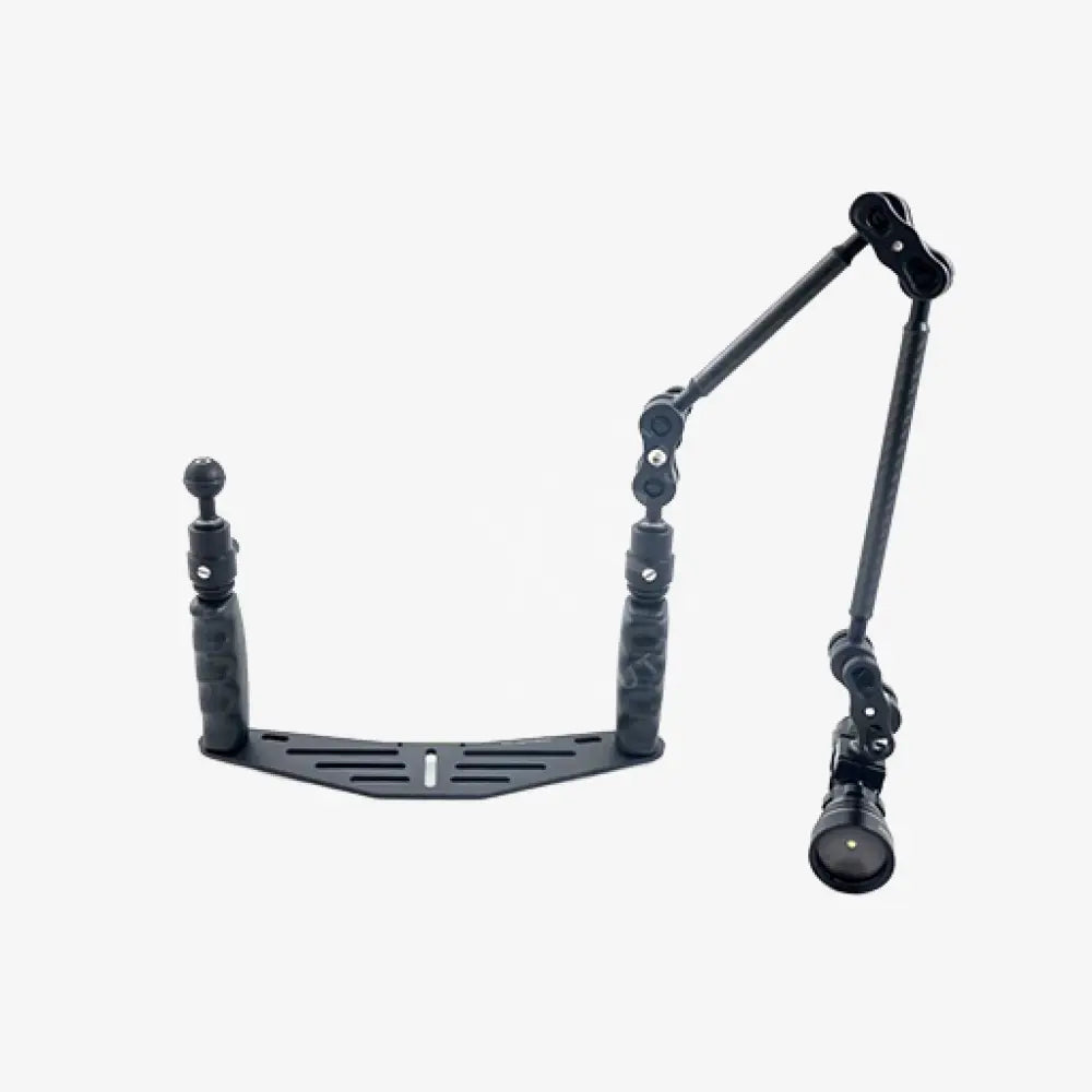 Black adjustable camera stabilizer with articulated arms and padded grips featuring grip with ball quick release