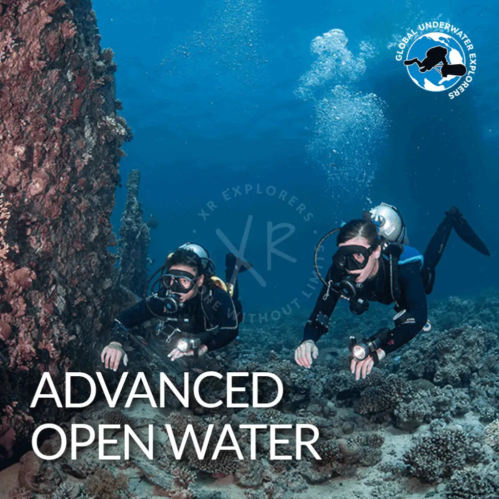 Two divers exploring underwater scenery with 'Advanced Open Water' text and Global Underwater Explorers logo.
