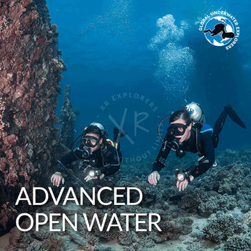 Two divers exploring underwater scenery with 'Advanced Open Water' text and Global Underwater Explorers logo.
