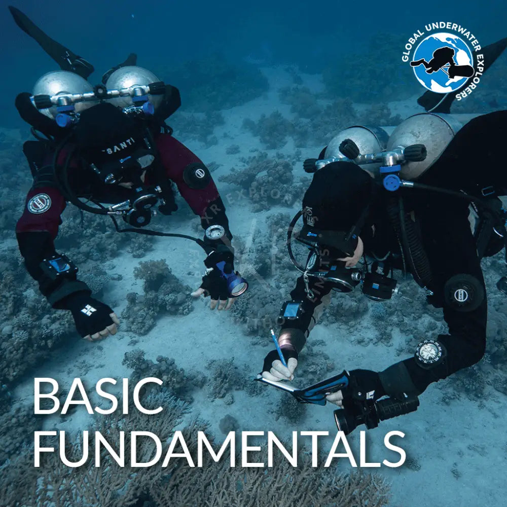 Black and red GUE Basic Fundamentals scuba diving suit with silver helmets and gear for underwater training sessions