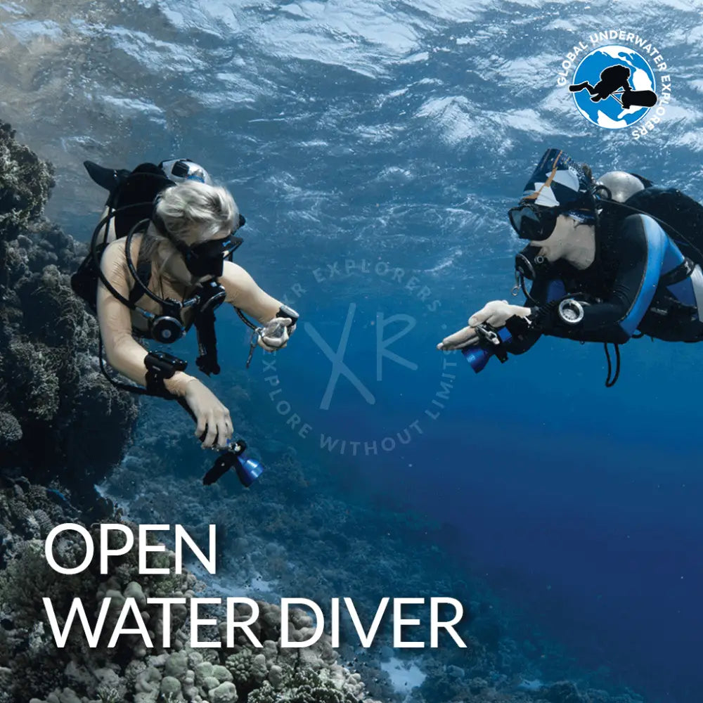 Two scuba divers in full gear including a black wetsuit with blue trim featured in gue open water diver rec 1 21m product