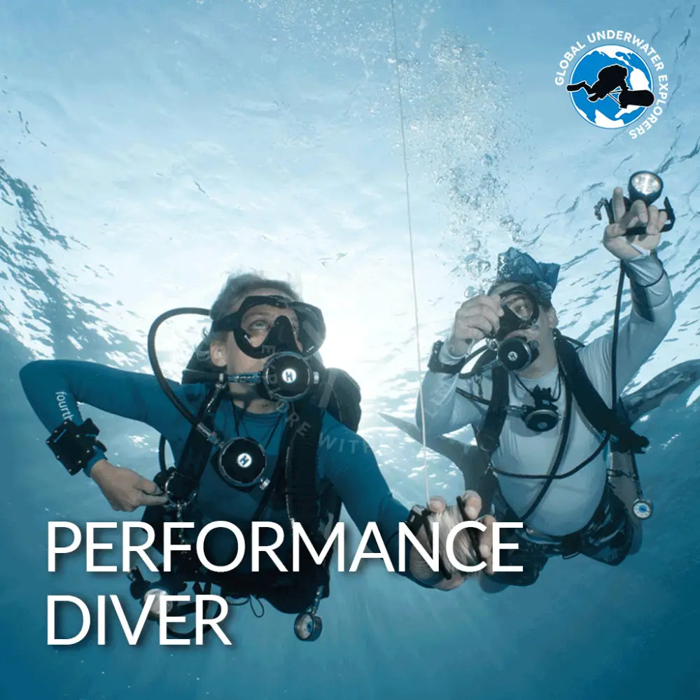 Blue and black GUE performance diver scuba diving gear worn by performer underwater showcasing key features