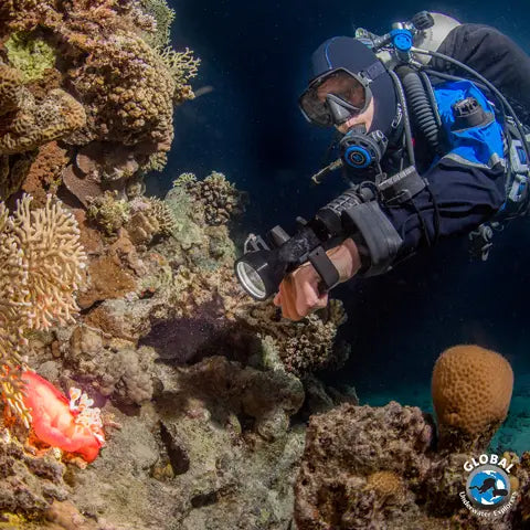 GUE Diver exploring a coral reef with a primary light, wearing GUE equipment configurations and drysuit after performance diver class..