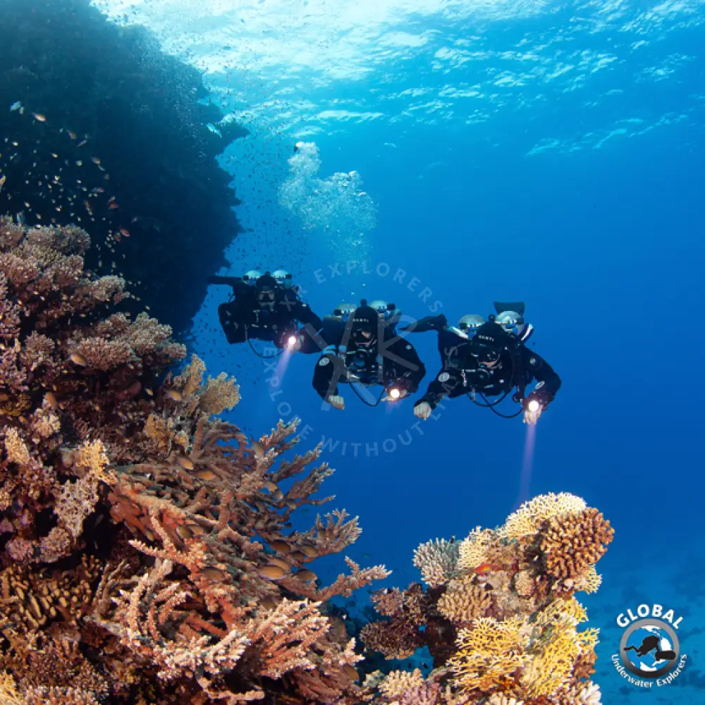 GUE Dive team practicing unified ascent procedures and communication in red sea with XR Explorers training in GUE performance diver course 
