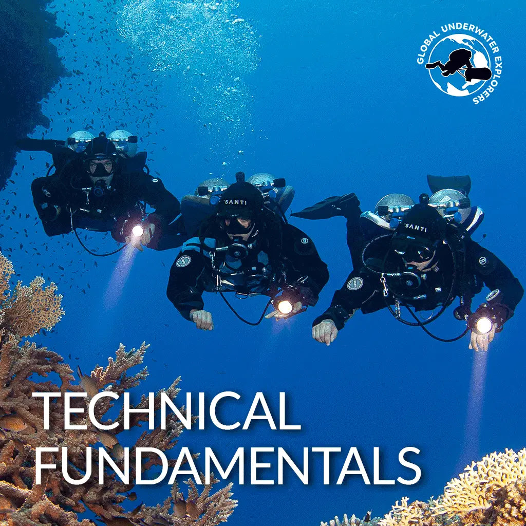 Three scuba divers exploring underwater coral with 'Technical Fundamentals' text and a diver certification logo.