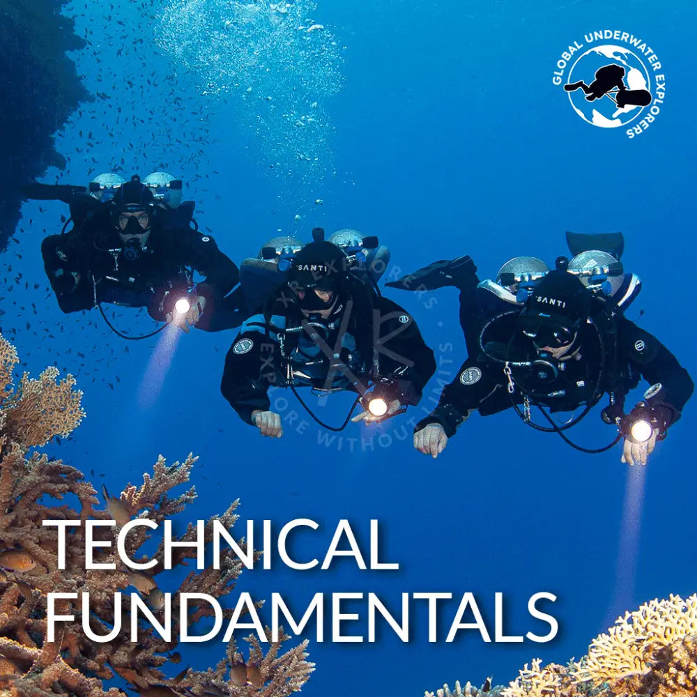 Three scuba divers exploring underwater coral with 'Technical Fundamentals' text and a diver certification logo.