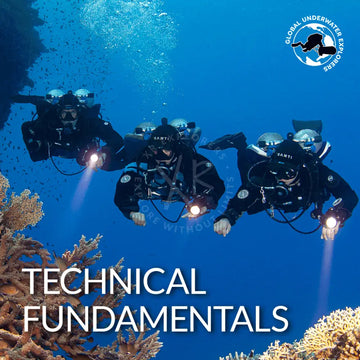 Three scuba divers exploring underwater coral with 'Technical Fundamentals' text and a diver certification logo.