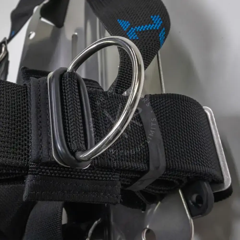 Black webbing strap with silver aluminum d-ring and blue halcyon logo for aluminum backplate standard small or long