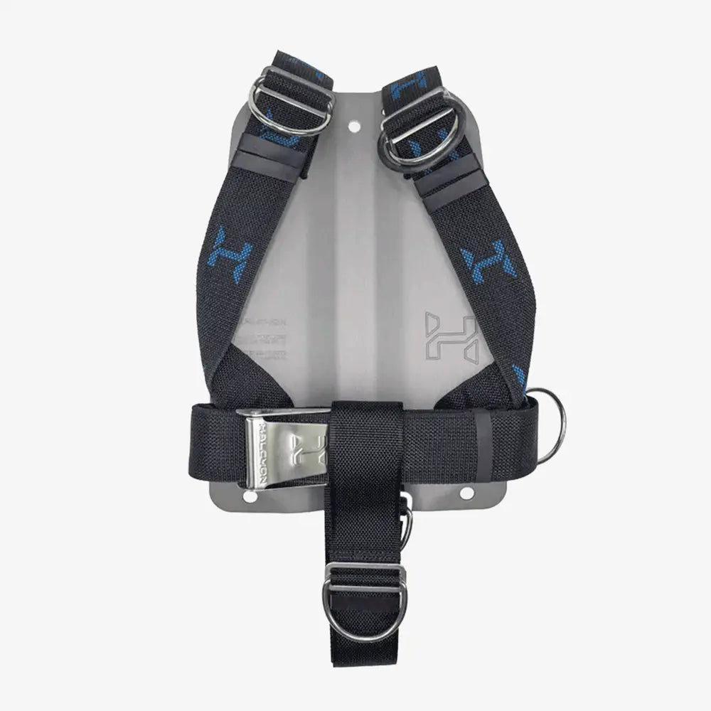 Black and gray safety harness with blue logo on a white background