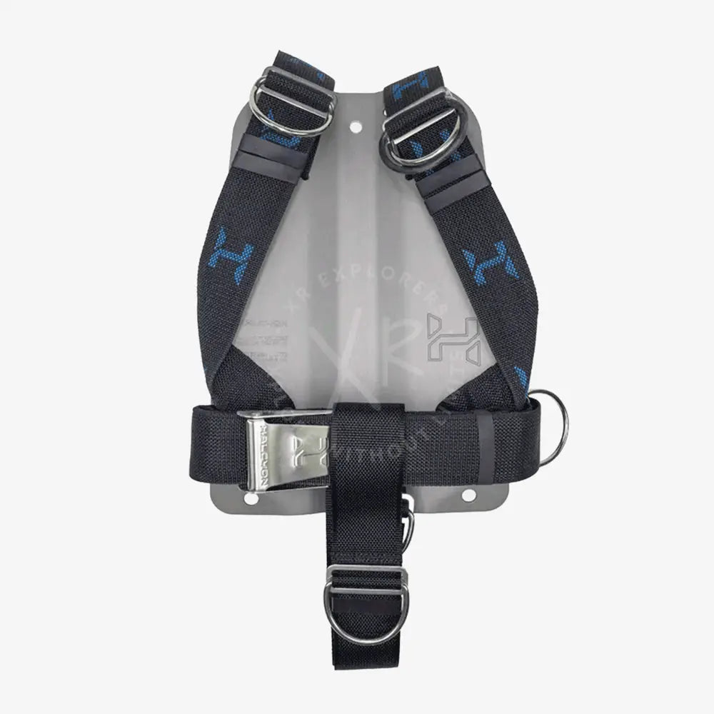 Black and gray safety harness with blue logo on a white background