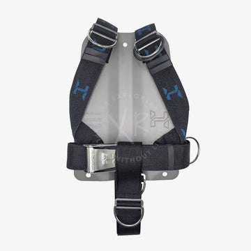 Black and gray safety harness with blue logo on a white background