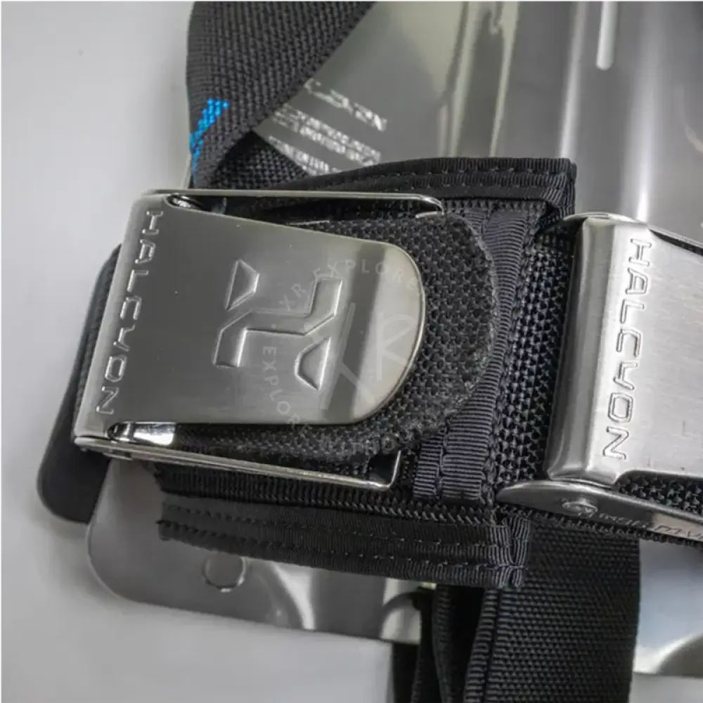 Black halcyon brand belt with silver-toned embossed logo metal buckle for halcyon aluminum backplate standard small or long