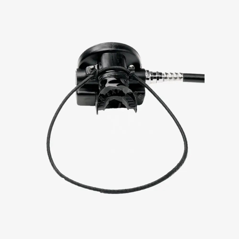 Black plastic halcyon backup scuba diving regulator necklace with coiled hose and metallic connector