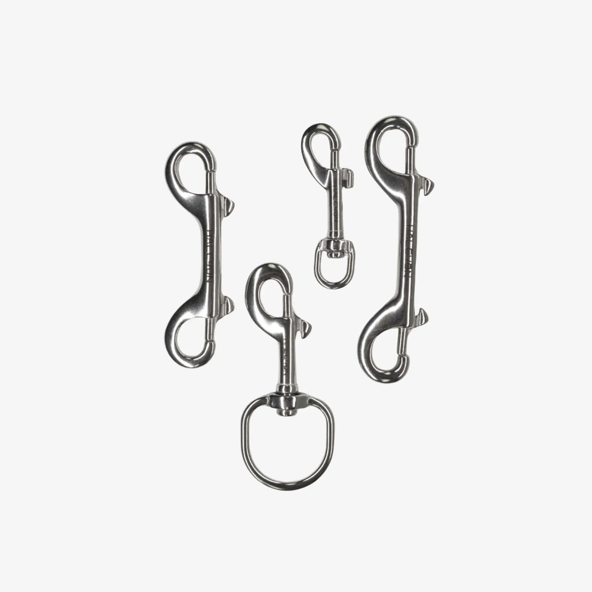 Set of four halcyon bolt snap swivel lobster clasps in polished stainless steel with a metallic finish