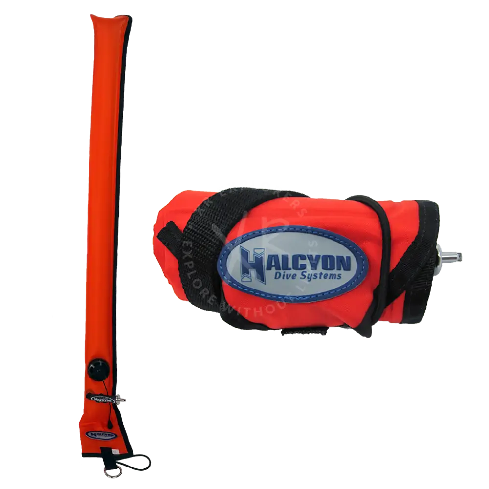 Bright orange inflatable closed circuit dive flag with black straps and blue halcyon dive systems logo for diver alert marker