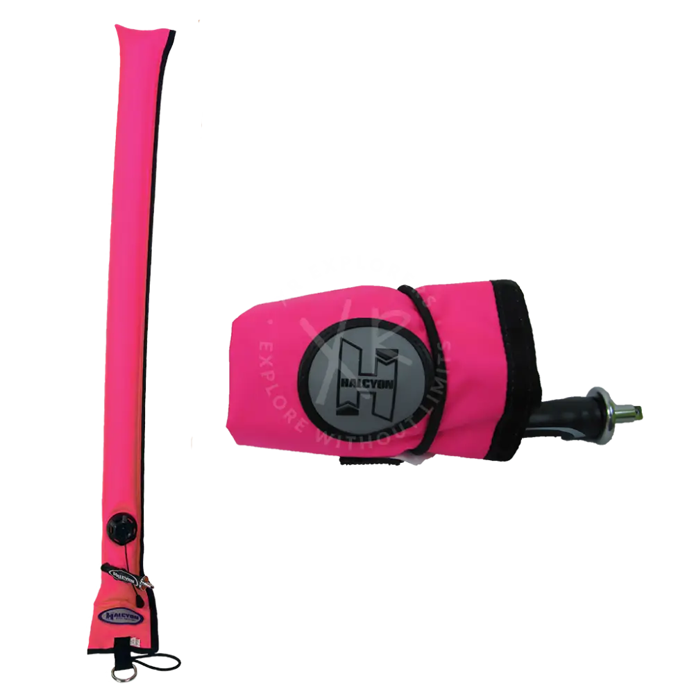 Bright pink halcyon closed circuit inflatable buoy with black trim and circular logo for diver alert marker use