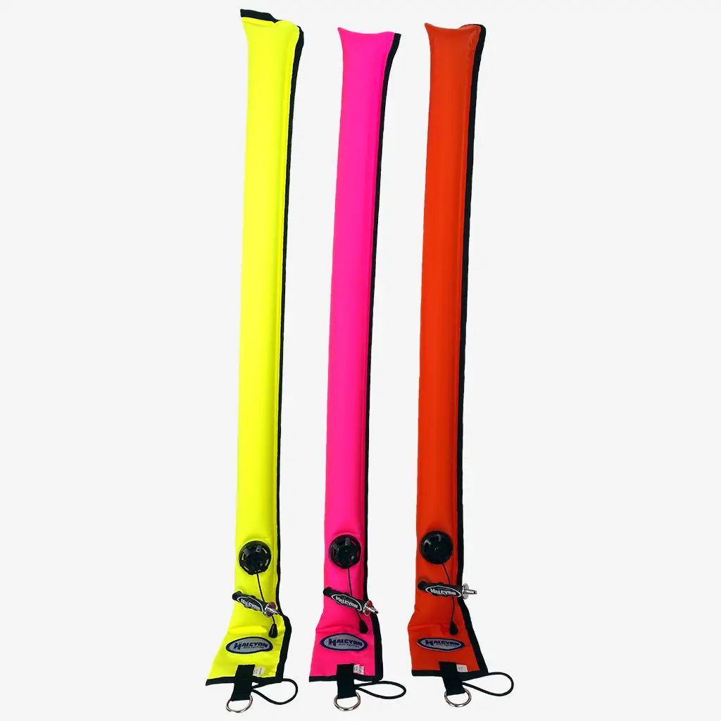 Halcyon closed circuit smb diver alert marker with three neon inflatable swim fins in yellow pink and orange with valves