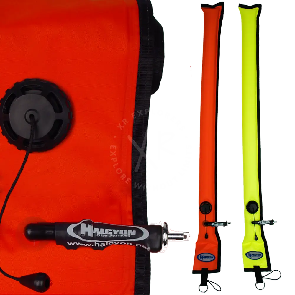 Halcyon closed circuit smb 1m orange inflatable dive buoy with black valve and attachment hardware for diver alert