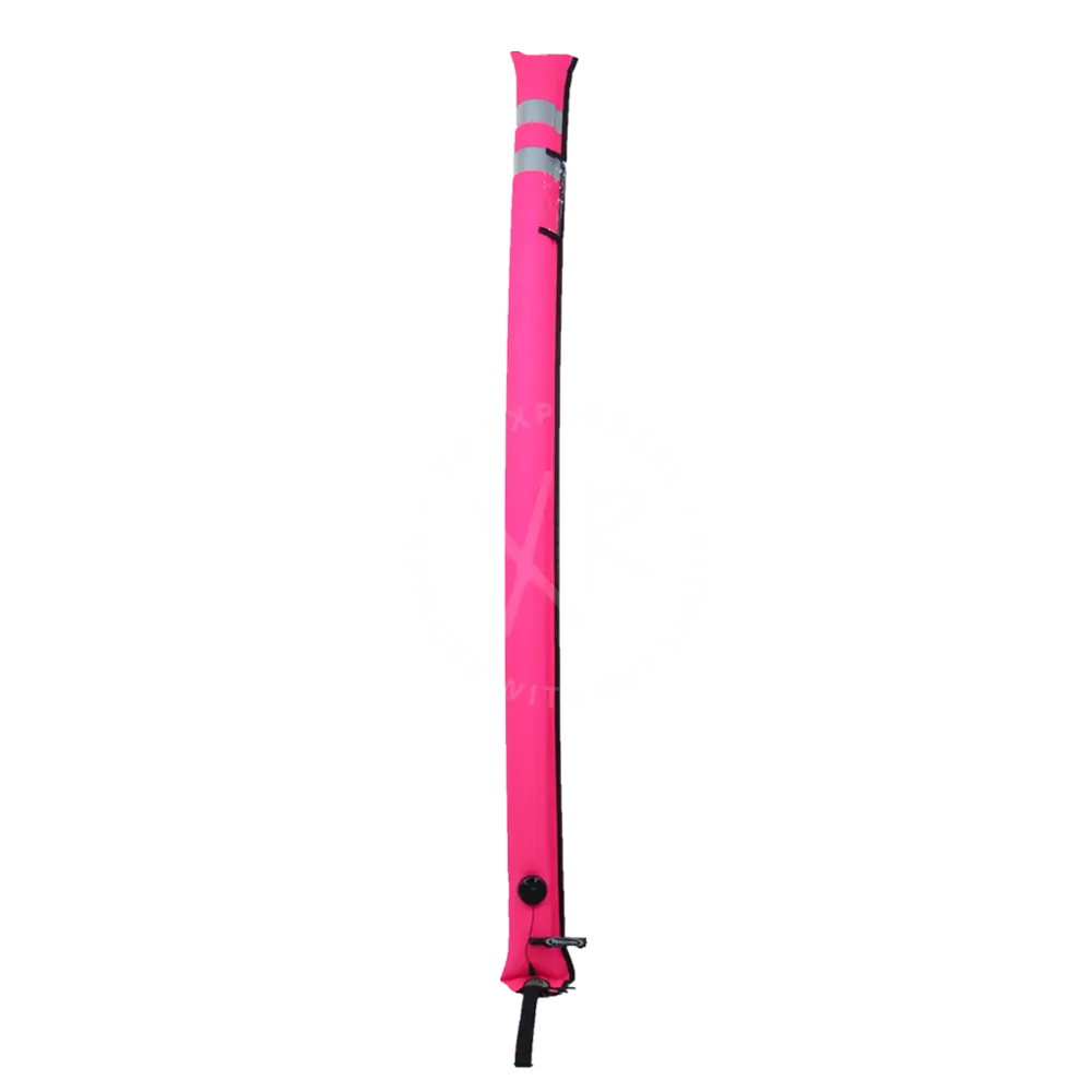 Halcyon closed circuit smb bright pink inflatable diver alert marker with reflective gray stripes and black valve at bottom