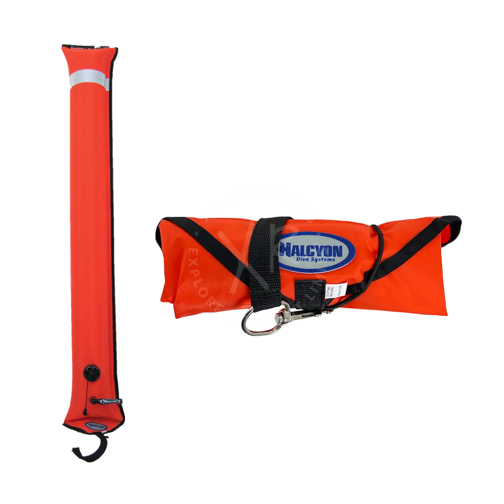 Bright orange halcyon closed circuit 1m inflatable dive flag with black straps and silver carabiner for diver alerting