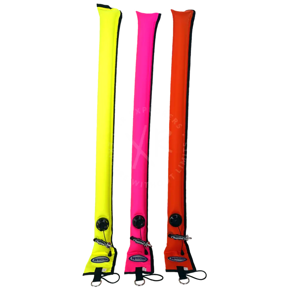Halcyon closed circuit smb diver alert marker with three neon inflatable swim fins in yellow pink and orange with valves