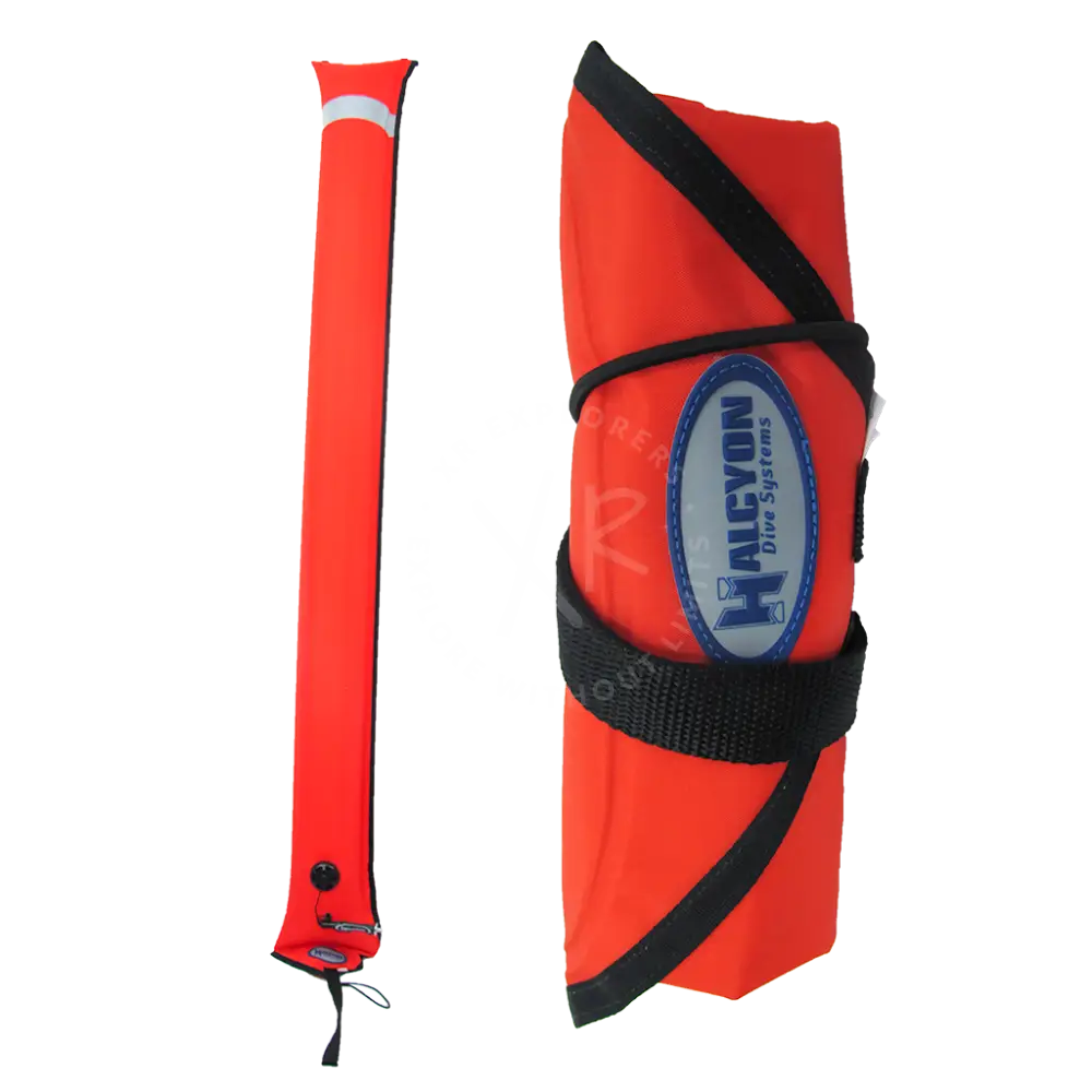 Bright orange inflatable halcyon closed circuit smb 1m diver alert marker with black straps and blue halcyon blue systems logo
