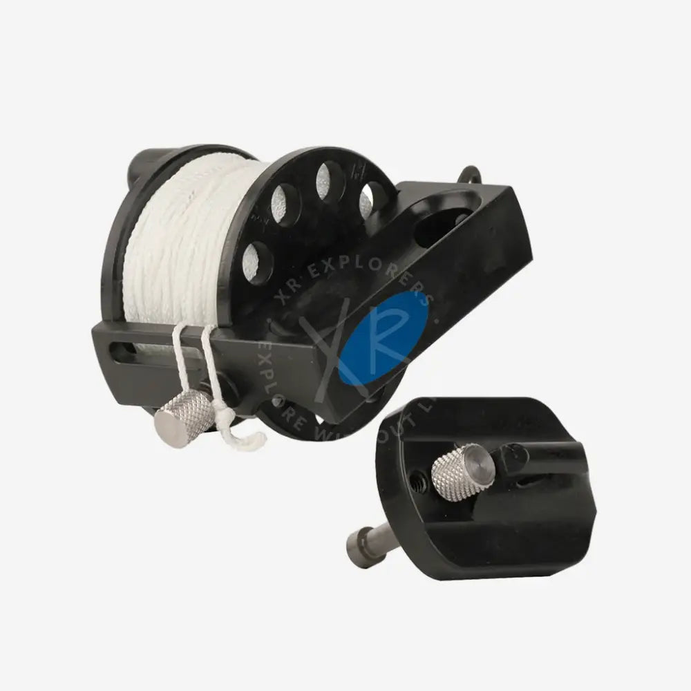 A Halcyon Defender Pro Reel with a black body, blue detailing, and white line.