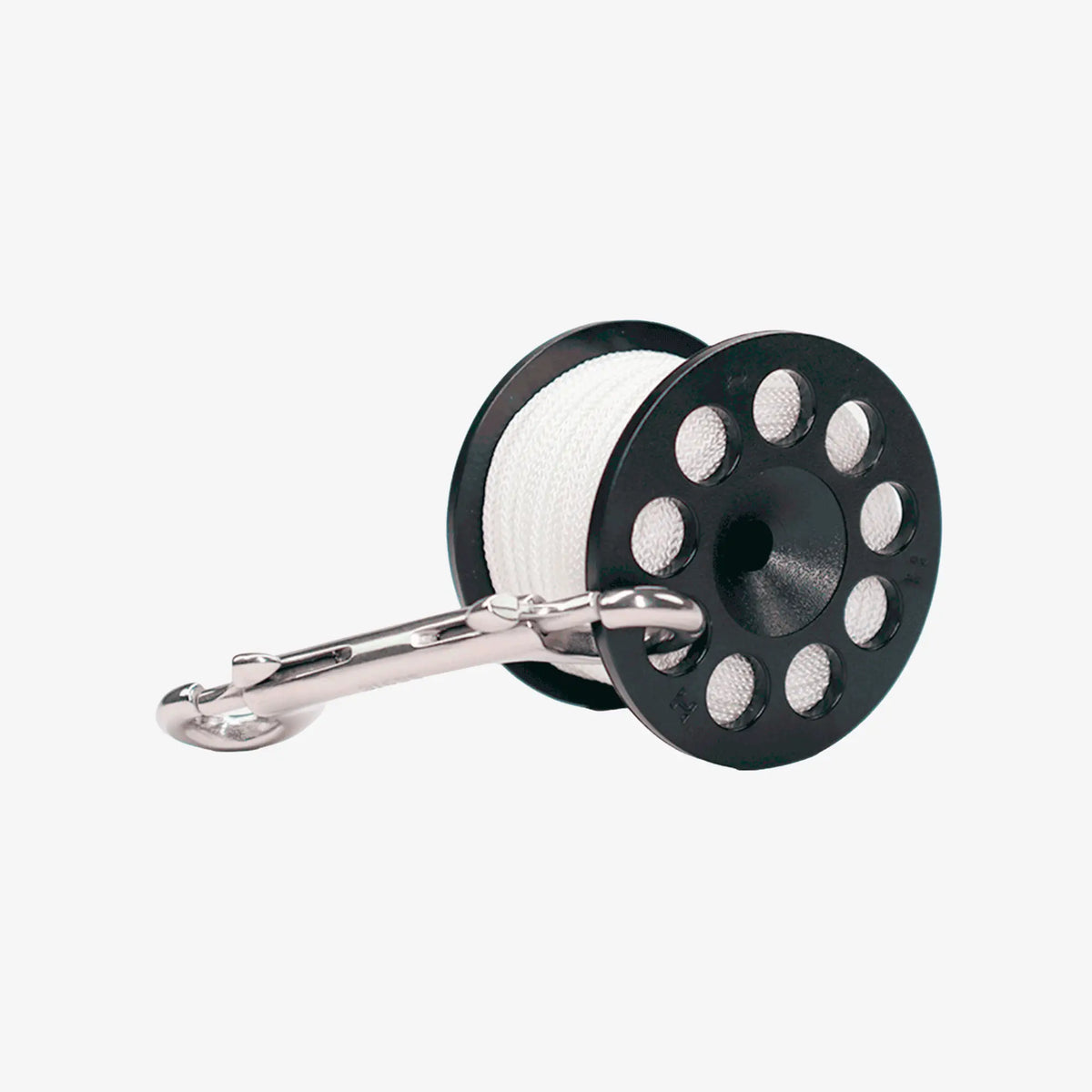 Three white safety spools with black center and a stainless steel double ender attached to one of them.