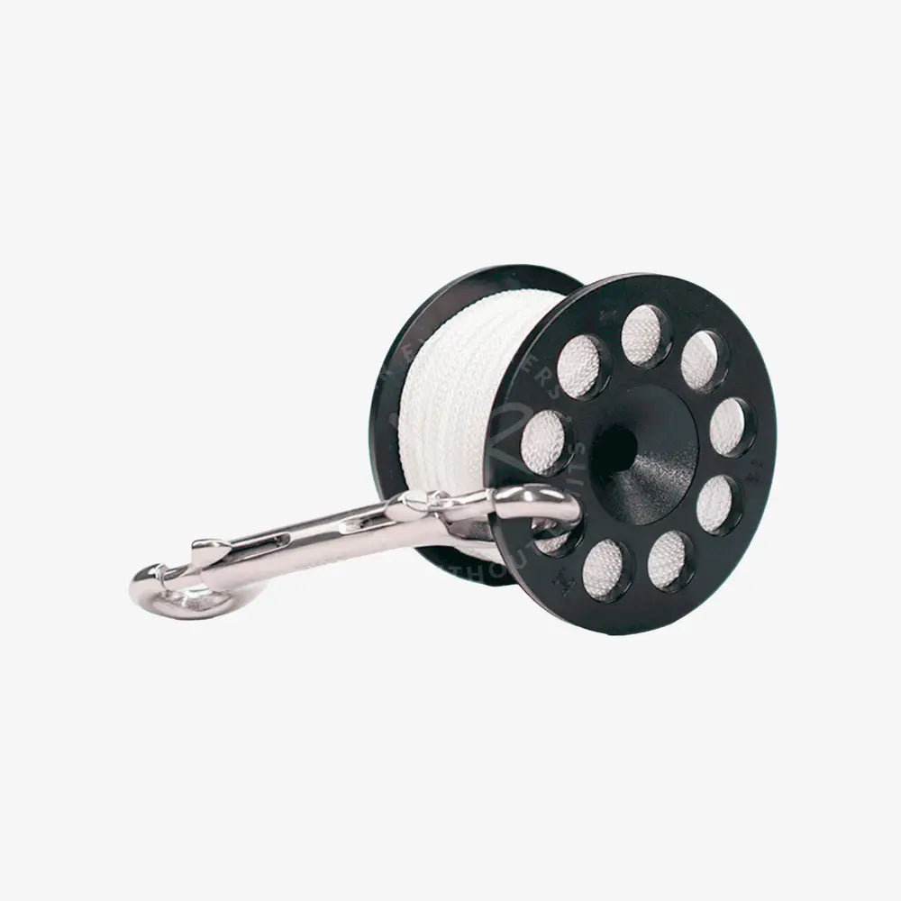 Three white safety spools with black center and a stainless steel double ender attached to one of them.