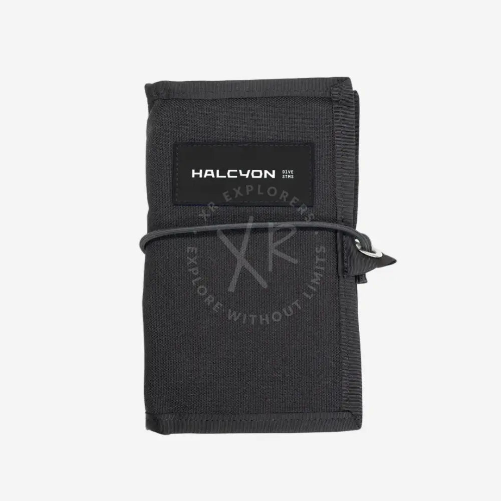 Black wallet with 'HALCYON' branding on a white background