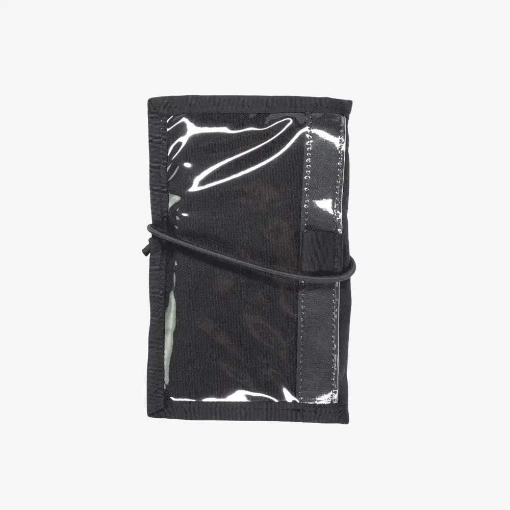 Black tactical halcyon divers notebook wallet with transparent plastic panels and black elastic strap