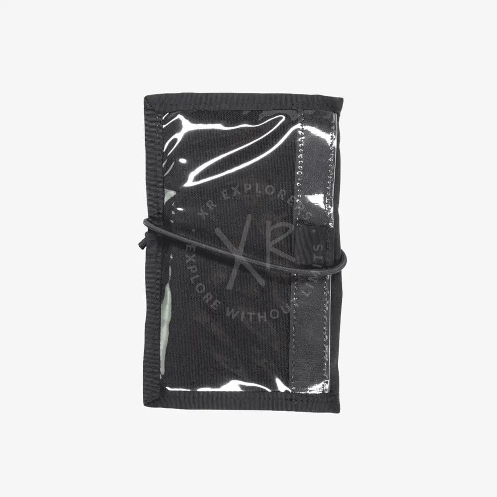 Black wallet with 'HALCYON' branding on a white background