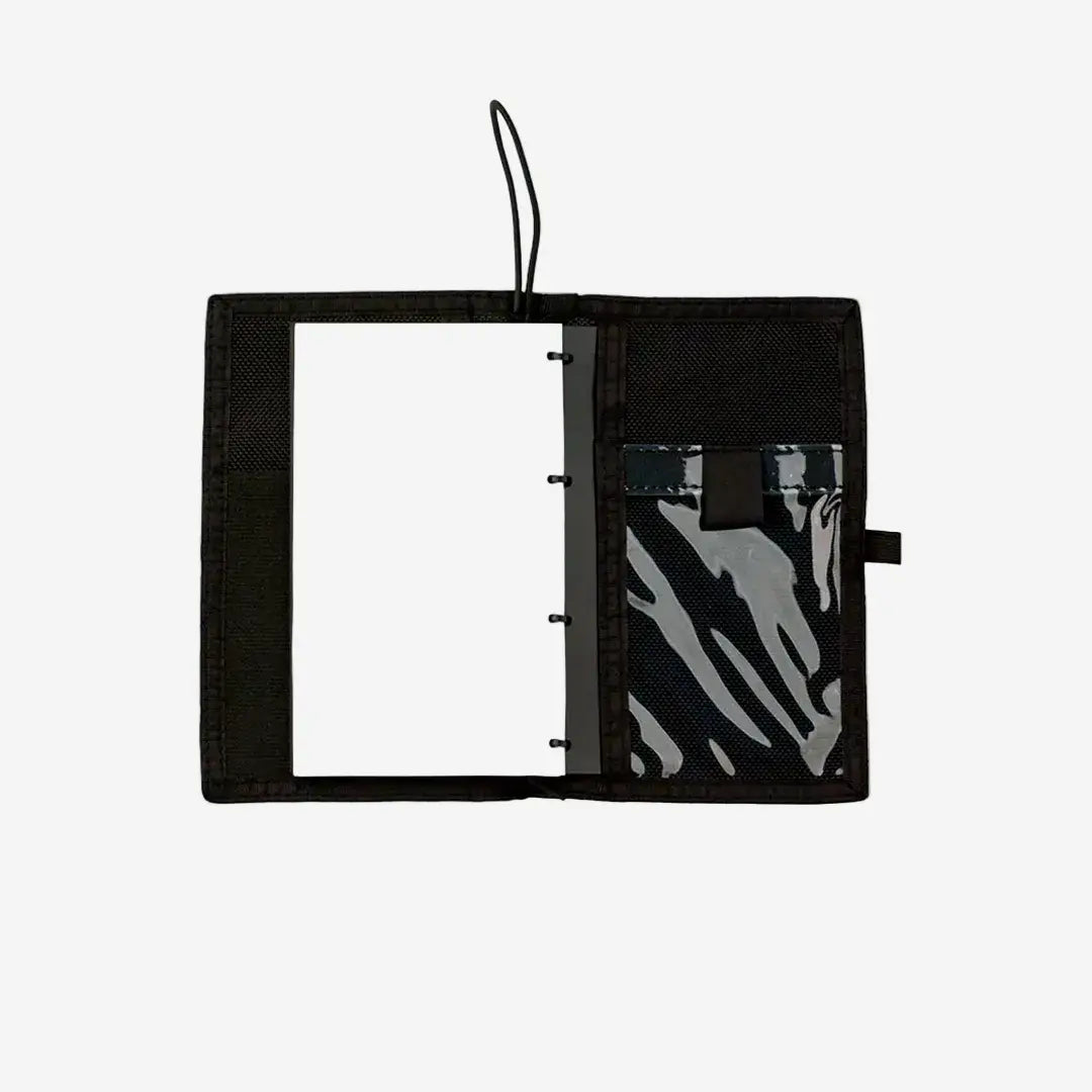 Black document holder with a clear front panel and zipped pocket on a white background