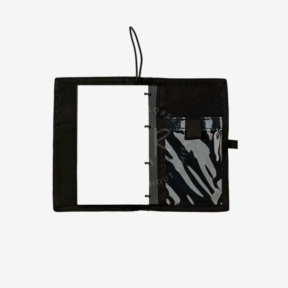 Black document holder with a clear front panel and zipped pocket on a white background