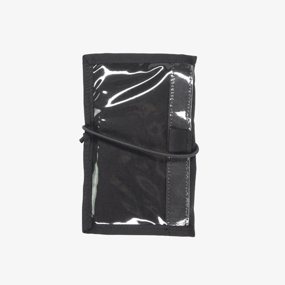 Black wallet with 'HALCYON' branding on a white background