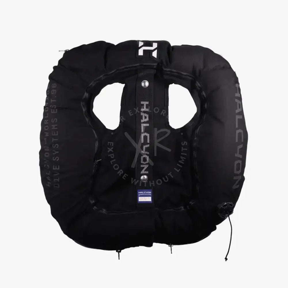 Black life jacket with 'HALCYON' branding on a white background